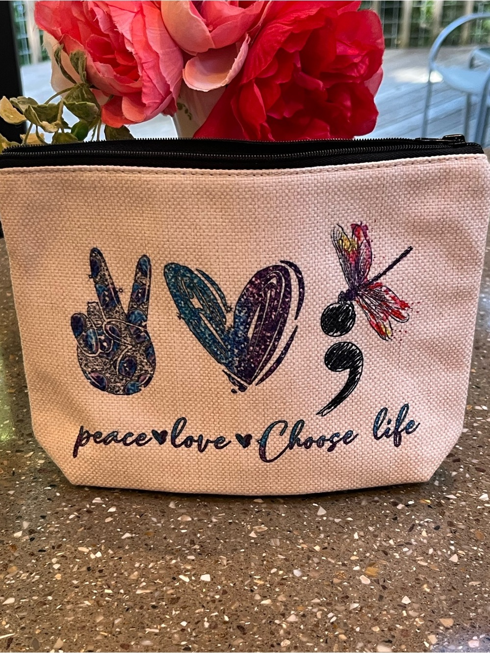 Peace Love Choose Life Pink Canvas Cosmetic Pouch
